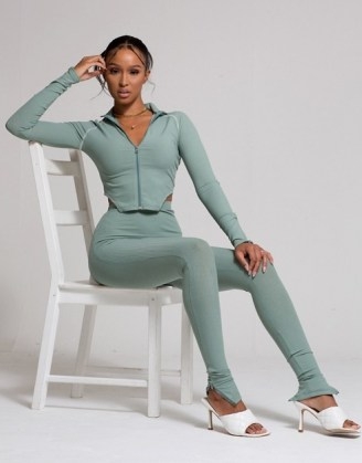 WMNSwear plunge zip front long sleeve top and flared trouser co ord in sage ~ green sporty fashion set with skinny zip-hem trousers and matching crop top