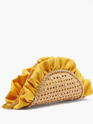 ROSANTICA Taco crystal-embellished rattan clutch bag – yellow ruffled bags – luxe accessories - flipped