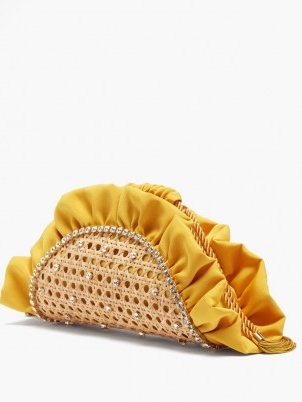 ROSANTICA Taco crystal-embellished rattan clutch bag – yellow ruffled bags – luxe accessories