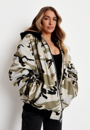 zara mcdermott x missguided green camo ruched sleeve bomber jacket ~ celebrity inspired camouflage jackets - flipped