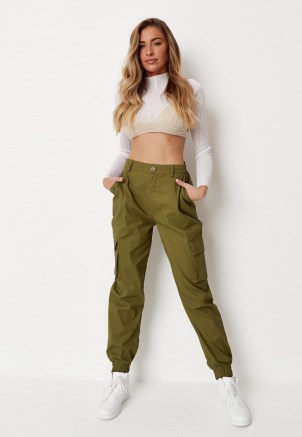 zara mcdermott x missguided khaki plain cargo trousers ~ casual green cuffed pocket detail pants