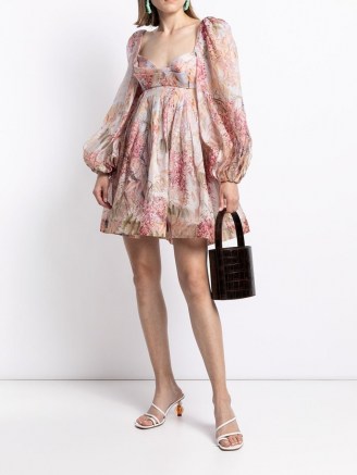 Zimmermann puff-sleeved flared dress in powder pink / multicolour - flipped