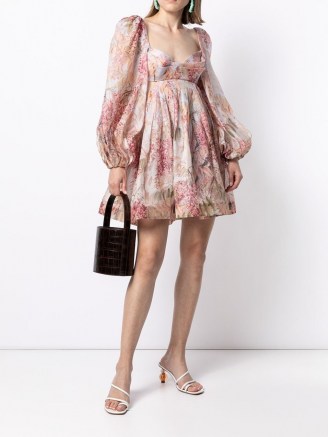Zimmermann puff-sleeved flared dress in powder pink / multicolour