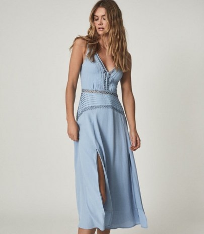 Reiss ALBERTA PLEAT DETAILED MIDI DRESS BLUE | double slit summer occasion dresses - flipped