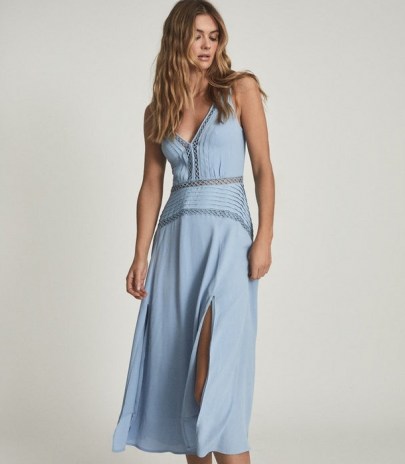 Reiss ALBERTA PLEAT DETAILED MIDI DRESS BLUE | double slit summer occasion dresses