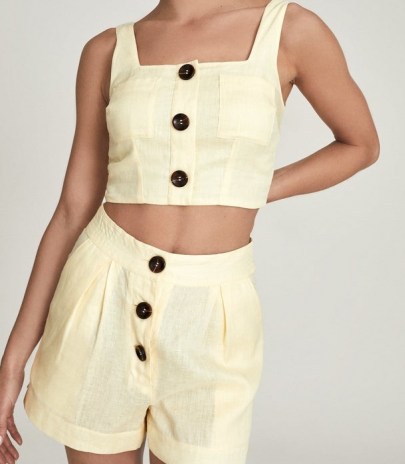 REISS ALMA CROPPED LINEN TOP YELLOW ~ square neck crop tops