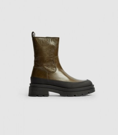 REISS AVE LEATHER STOMPER BOOTS OLIVE ~ green chunky sole boot - flipped