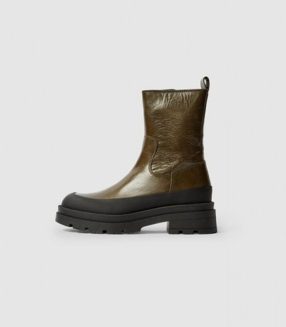 REISS AVE LEATHER STOMPER BOOTS OLIVE ~ green chunky sole boot
