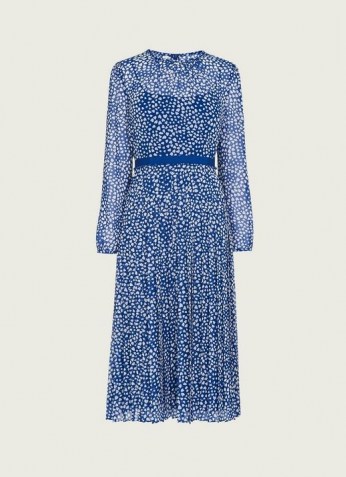 L.K. Bennett AVERY BLUE AND CREAM HEART PRINT PLEATED MIDI DRESS – dresses with hearts - flipped