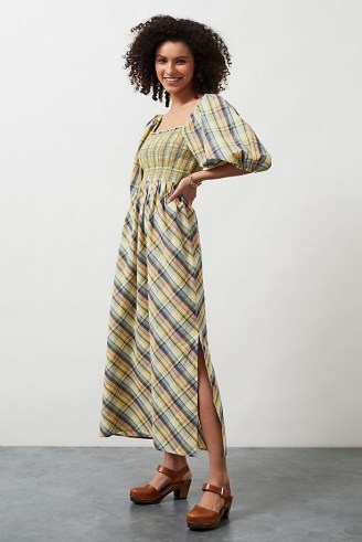 Anthropologie Checked Puff Sleeve Midi Dress | smocked bodice dresses