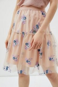 Eva Franco Belle Sequinned Tulle Mini Skirt – floral sheer overlay skirts
