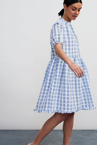 Selected Femme Paulina Checked Dress / women’s blue check print summer dresses / ruffle trim - flipped