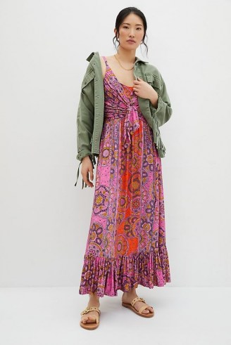 ANTHROPOLOGIE Andie Tie-Front Maxi Dress Pink Combo - flipped