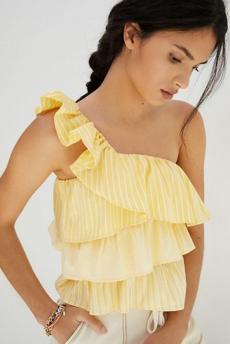 Maeve Ruffled One-Shoulder Blouse Yellow Motif ~ striped asymmetric neckline tops - flipped