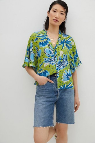 Vera Valley Flutter-Sleeved Buttondown / ruffle trim summer shirts - flipped