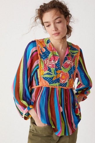 Verb by Pallavi Singhee Floral Beaded Babydoll Blouse / striped boho blouses - flipped
