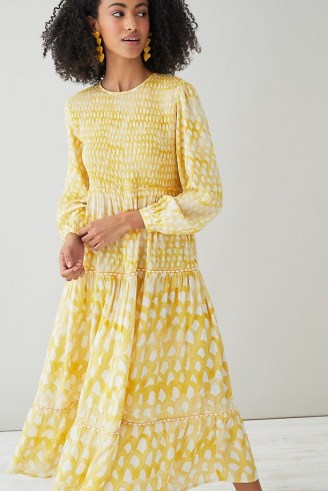 Conditions Apply Printed Midi Dress – yellow tiered summer dresses - flipped