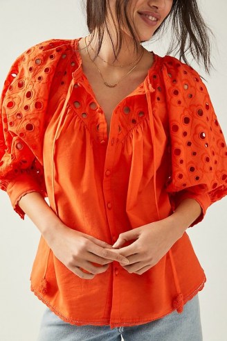 Pilcro Chantal Eyelet Blouse Red – brightly coloured balloon sleeve peasant blouses - flipped