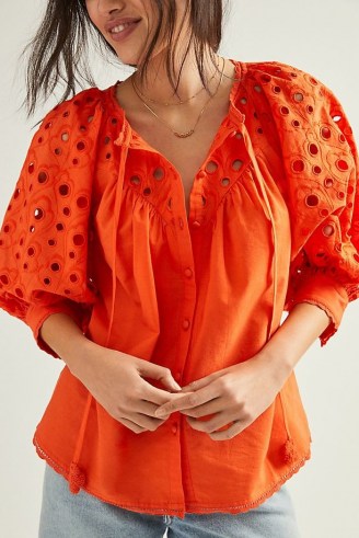 Pilcro Chantal Eyelet Blouse Red – brightly coloured balloon sleeve peasant blouses
