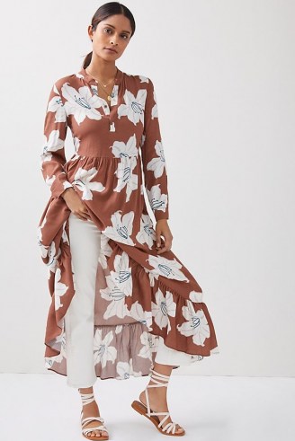 Mare Mare x Anthropologie Lynda Tiered Maxi Dress / brown floral frill hem dresses - flipped