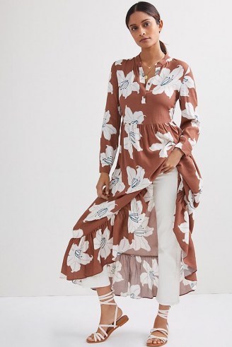 Mare Mare x Anthropologie Lynda Tiered Maxi Dress / brown floral frill hem dresses