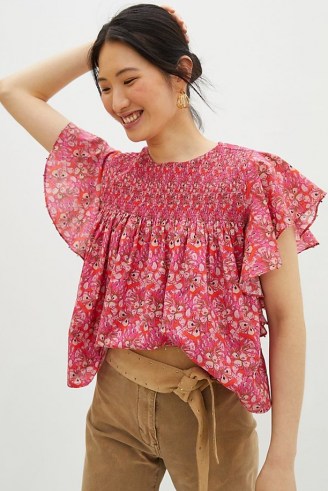Roopa Pemmaraju Madyson Smocked Blouse / pink floral flutter sleeve blouses - flipped