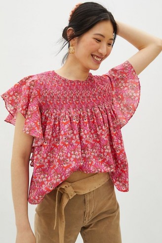 Roopa Pemmaraju Madyson Smocked Blouse / pink floral flutter sleeve blouses