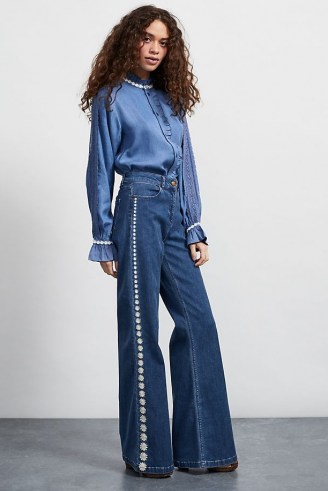 Fabienne Chapot Embellished Flared Jeans | daisy side stripe flares | retro 70s look denim | vintage style fashion - flipped