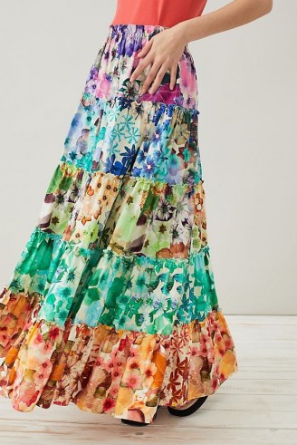 Geisha Designs Tiered Maxi Skirt | multi floral print summer skirts - flipped