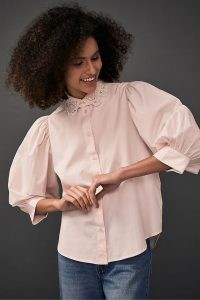 Selected Femme Organic Cotton Embroidered Collar Shirt Pink | feminine balloon sleeve shirts