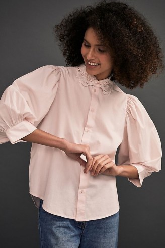 Selected Femme Organic Cotton Embroidered Collar Shirt Pink | feminine balloon sleeve shirts - flipped