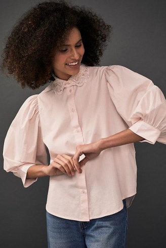 Selected Femme Organic Cotton Embroidered Collar Shirt Pink | feminine balloon sleeve shirts