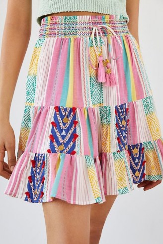 Verb by Pallavi Singhee Page Tiered Mini Skirt Pink Combo | multi print summer skirts - flipped