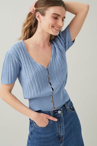 Suncoo Textured Cable-Knit Cardigan in Sky | blue short sleeve button-up cardi - flipped