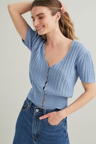 Suncoo Textured Cable-Knit Cardigan in Sky | blue short sleeve button-up cardi