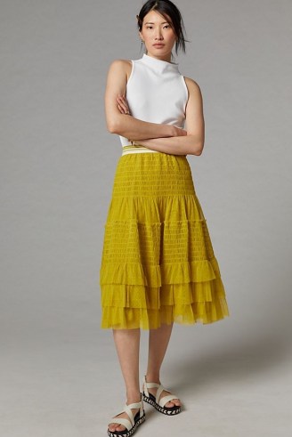 Maeve Tulle Midi Skirt Yellow Motif ~ tiered ruffle detail skirts - flipped