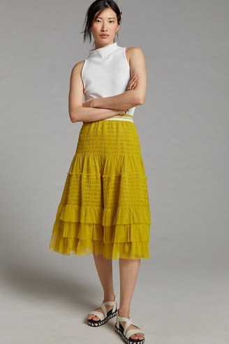 Maeve Tulle Midi Skirt Yellow Motif ~ tiered ruffle detail skirts