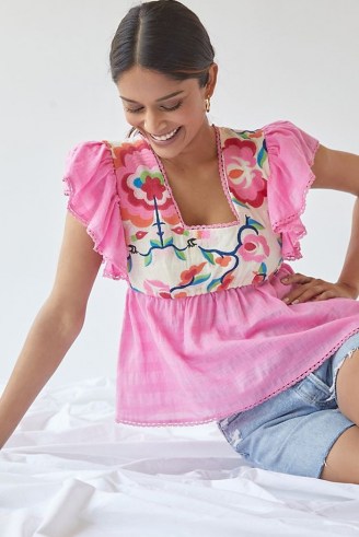 Plenty by Tracy Reese Embroidered Babydoll Blouse ~ feminine pink floral summer blouses with flutter sleeves - flipped