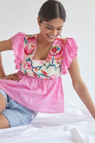 Plenty by Tracy Reese Embroidered Babydoll Blouse ~ feminine pink floral summer blouses with flutter sleeves