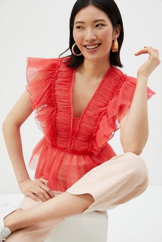 Geisha Designs Ruffled Tulle Blouse ~ romantic pink flutter sleeve blouses