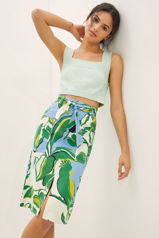 Maeve Souvenir Midi Skirt Green Motif | tropical bird print summer skirts with front split - flipped