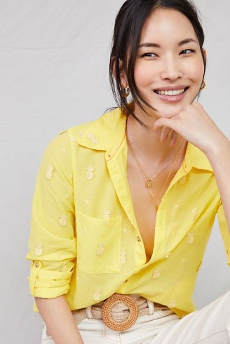 Maeve Classic Embroidered Buttondown in Yellow / pineapple fruit applique shirt - flipped