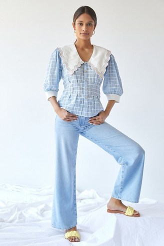 Plenty by Tracy Reese Embroidered Plaid Blouse / blue check oversized collar blouses - flipped