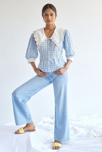 Plenty by Tracy Reese Embroidered Plaid Blouse / blue check oversized collar blouses