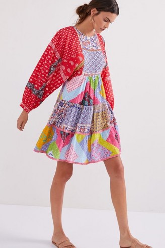 Let Me Be Patchwork Tiered Mini Dress / multicoloured patch print dresses
