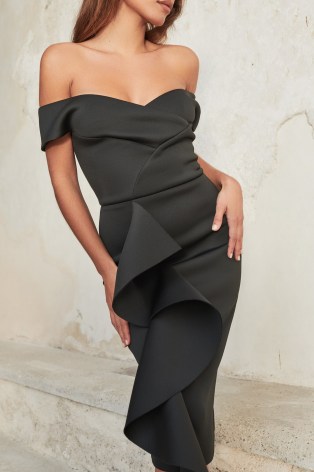 lavish alice bardot frill scuba midi dress in black – glamorous LBD – off the shoulder dresses - flipped