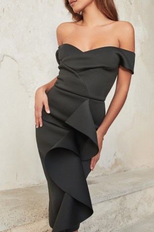 lavish alice bardot frill scuba midi dress in black – glamorous LBD – off the shoulder dresses