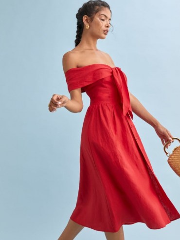 REFORMATION Barrington Linen Dress ~ red bardot dresses - flipped