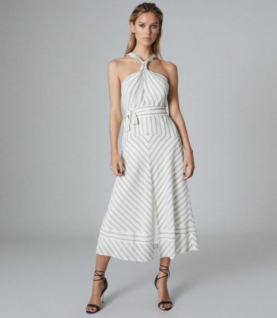 Reiss BEA STRIPED HALTERNECK MIDI DRESS WHITE/GREY – glamorous halter dresses – summer glamour - flipped