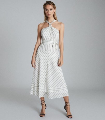 Reiss BEA STRIPED HALTERNECK MIDI DRESS WHITE/GREY – glamorous halter dresses – summer glamour